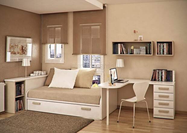 Оригинальное решение для декорирования и урегулирования использования полезной площади в кремовых тонах в спальне.