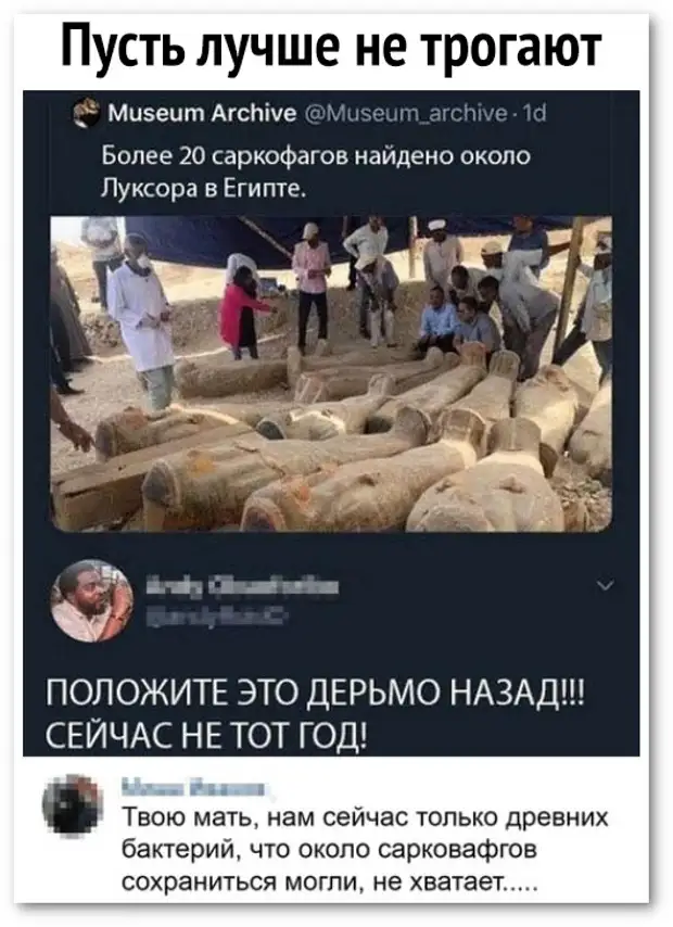 изображение: Более 20 саркофагов найдено около Луксора в Египте. - Нам сейчас только древних бактерий не хватает. #Прикол