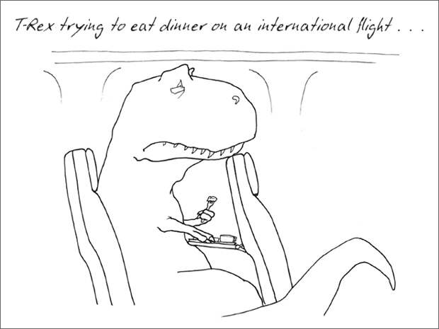 9. «Ти-Рекс пытается съесть свой ужин в самолёте…» динозавр, иллюстрация, рекс, рисунок, художник, юмор