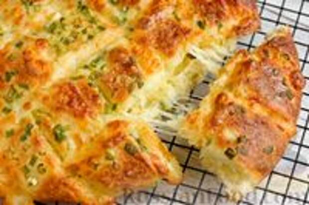 Фото к рецепту: Дрожжевая лепёшка с сырной корочкой и зелёным луком (в духовке)