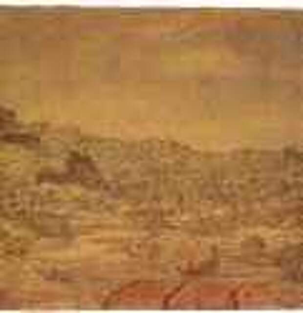 Долина с городом, церковью и другими зданиями. 1621-1632 - Офорт и гравюра сухой иглой, зеленый оттиск на желтой бумаге, прописан красками 204 x 330 мм Британский музей Лондон