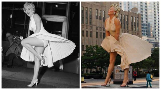 Культовая сцена из фильма Билли Уайлдера (1955 год) и скульптура «Мэрилин навсегда» (2011 год).