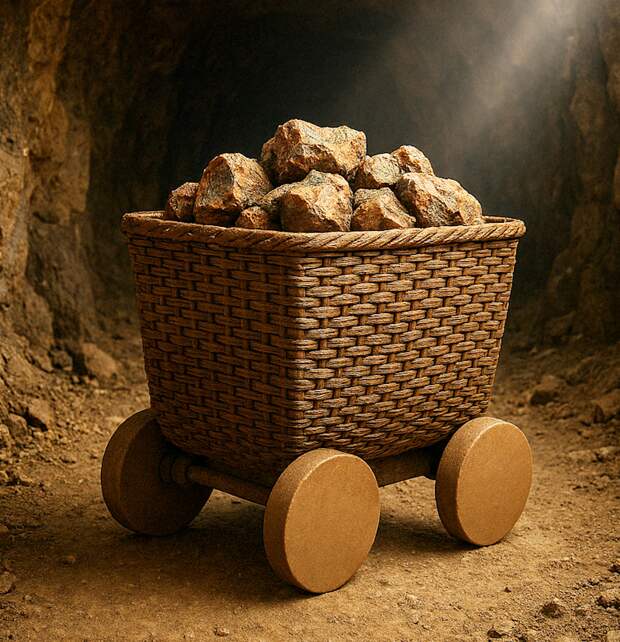 AI-generated image of a wheeled cart inside a mine tunnel.