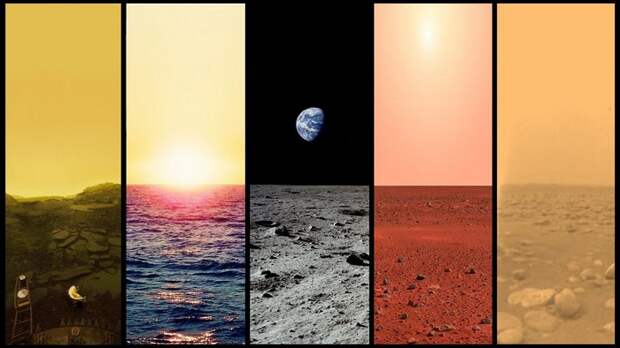 Рассветы на Венере, Земле, Луне, Марсе и Титане.