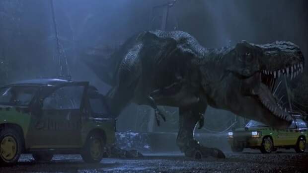 The T-Rex comes to call in Jurassic Park.