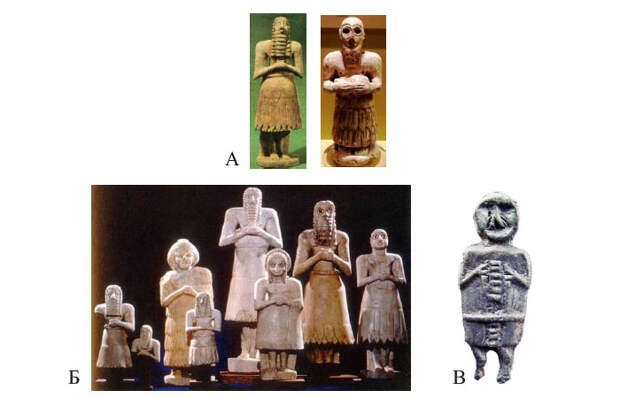 Статуэтки, найденные при раскопках на местах храмов в Месопотамии (А; Б) и похожая металлическая отливка фигурки, найденная на территории Украины (В).