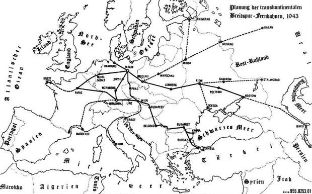 Карта маршрутов трехметровой железнодорожной колеи, 1943 год. /Фото: weaponsandwarfare.wordpress.com