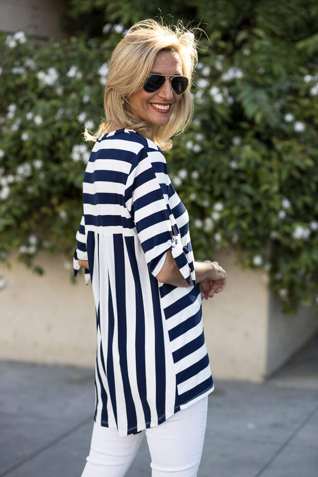 Navy and white stripe top with tie sleeves