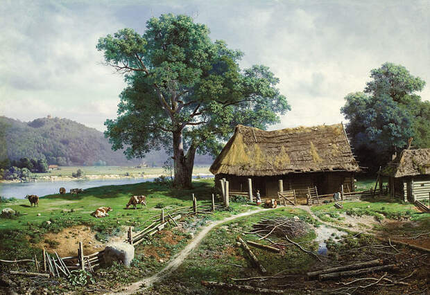 Михаил Клодт. Крестьянская усадьба у реки. 1858 Михаил Клодт. Крестьянская усадьба у реки. 1858