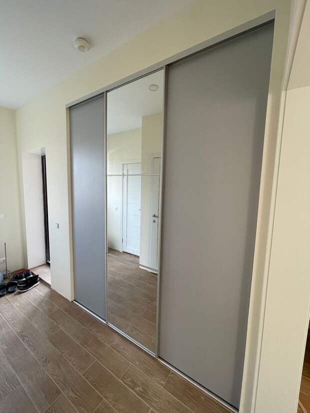 Двери купе, купленные в компании LookingDoors, выполненные в сером цвете с зеркалом