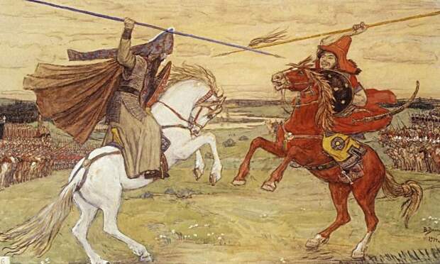 В. Васнецов. Единоборство Пересвета с Челубеем, 1914 | Фото: artchive.ru В. Васнецов. Единоборство Пересвета с Челубеем, 1914 | Фото: artchive.ru