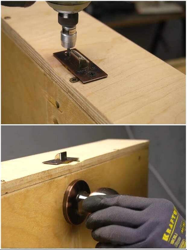 На дне и торце нижнего ящика устанавливаем дверную ручку с защелкой. | Фото: youtube.com/ © Men's Craft.