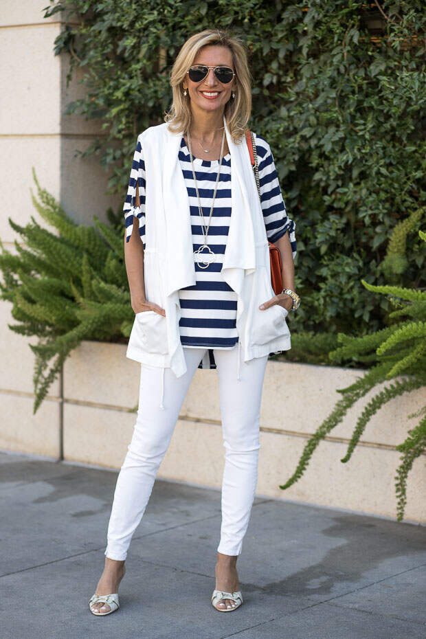 Navy and white stripe top with tie sleeves and ivory cargo vest