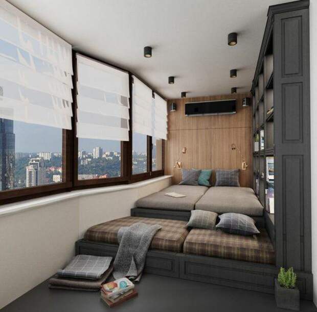 Дизайн спальной комнаты на балконе 
