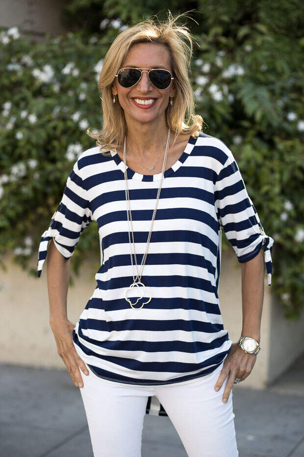 Navy and white stripe top with tie sleeves