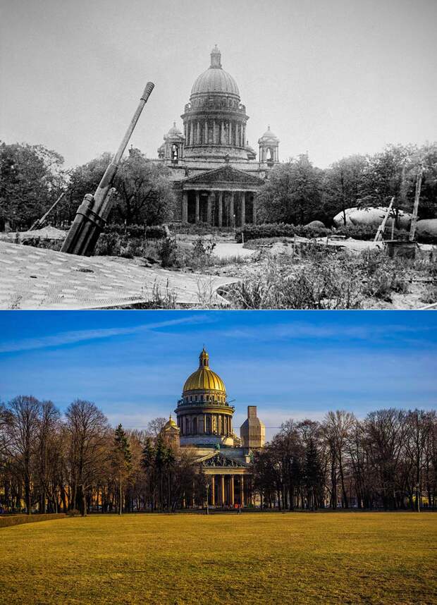 Сверху: Ленинград, вид на Исаакиевский собор с площади Декабристов (Сенатской площади) в дни блокады города / снизу: Санкт-Петербург, вид на Исаакиевский собор с Сенатской площади, наши дни