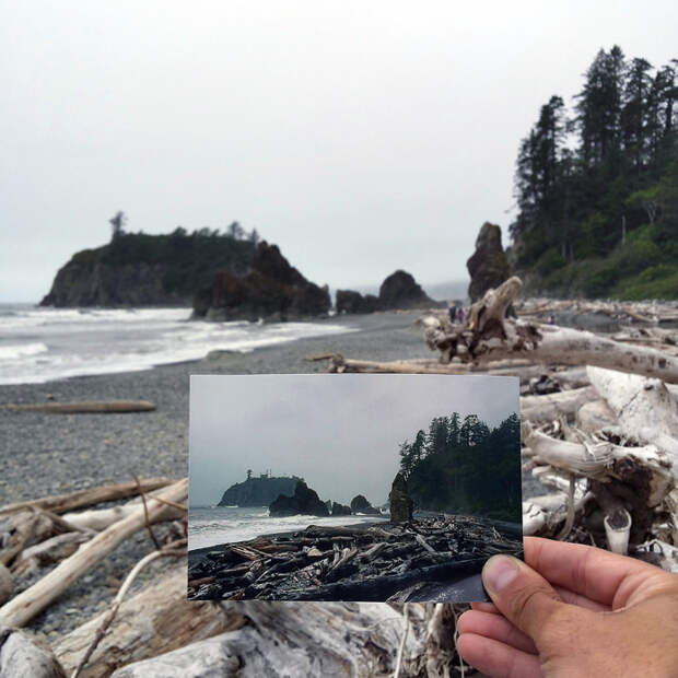 Рубин-Бич в Олимпийском национальном парке, штата Вашингтон. Июнь 1981 и июнь 2016 года. Рубин-Бич в Олимпийском национальном парке, штата Вашингтон. Июнь 1981 и июнь 2016 года.
