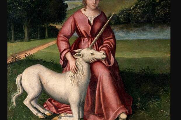 Chastity_(a_virgin_and_a_unicorn)._Oil_painting_by_a_followe_Wellcome_V0017113.jpg