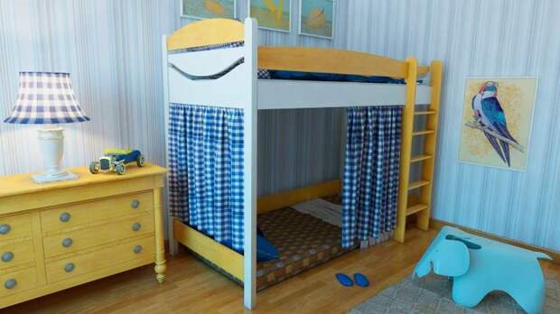 Чудесная кровать-чердак, которая выполнена из натуральной древесины, со спальным местом вверху и зоной отдыха внизу.