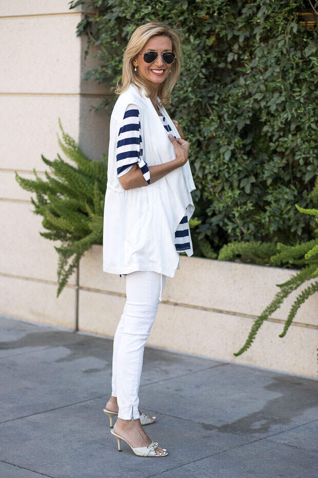 Navy and white stripe top with tie sleeves and ivory cargo vest