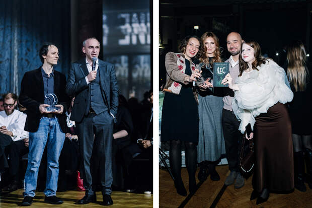 Лауреаты в номинации «Фокус внимания» за сериал «Трасса». Душан Глигоров (слева), режиссер сериала «Трасса», и Гавриил Гордеев, генеральный продюсер видеосервиса Okko / команда издательства «Дом историй», премия в номинации «Про себя и вслух» за книгу «Лес»