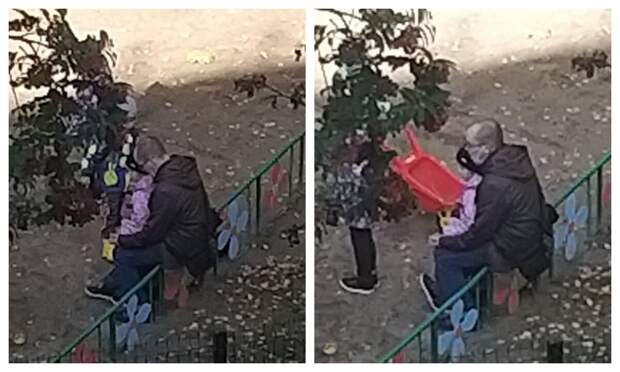 Воспитатель на прогулке в садике поставил девочку между своих ног / Мой коллаж, фото предоставлены родителями другого ребенка
