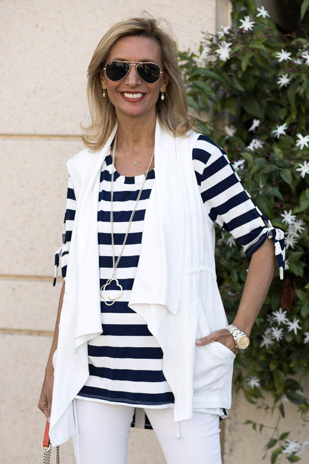 Navy and white stripe top with tie sleeves and ivory cargo vest