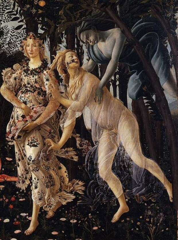 Сандро Боттичелли, «Весна» (фрагмент), Убегающая нимфа Хлорида, преследующий её Зефир — и Флора, в которую превращается Хлорида, 1482 г.