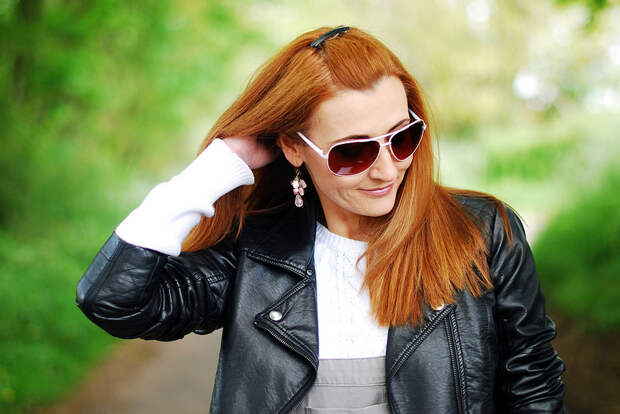 Red hair with a black leather jacket
