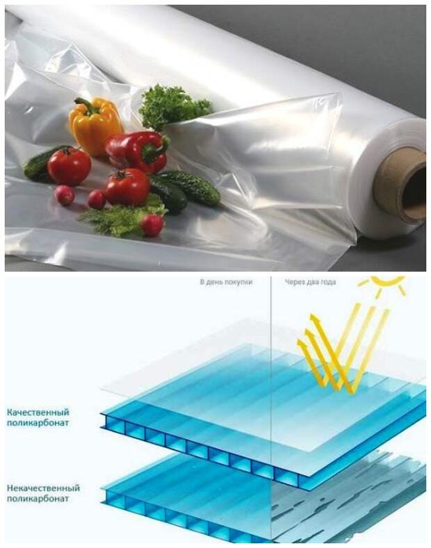 Полиэтиленовая пленка и поликарбонат – идеальный светопрозрачный укрывной материал для большинства конструкций теплиц. 