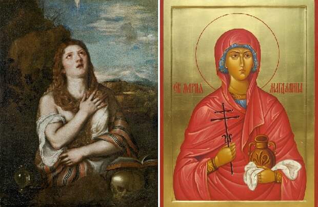 Кающаяся Мария Магдалина. Тициан Вечеллио. / Православная икона Марии Магдалины.
