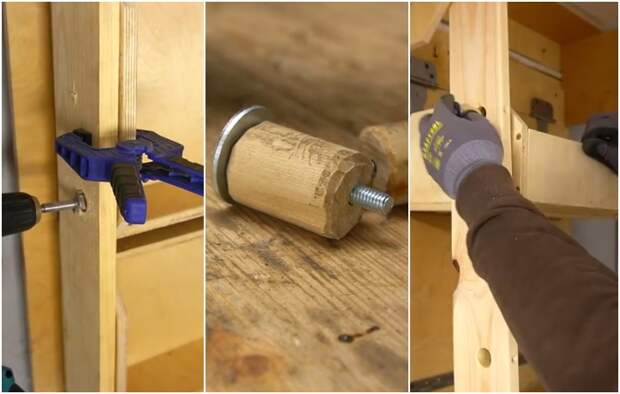 Как сделать отверстие и закрепить деревянную втулку на боковой стенке ящика. | Фото: youtube.com/ © Men's Craft.