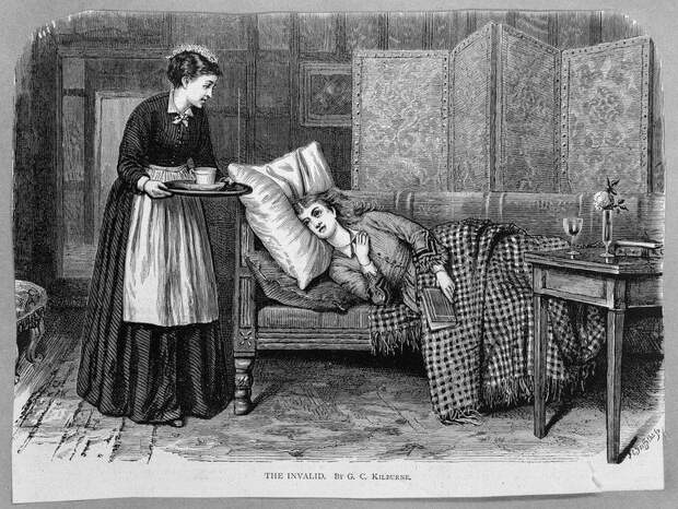 A 19th-century illustration of a woman resting while her nurse brings her refreshments.