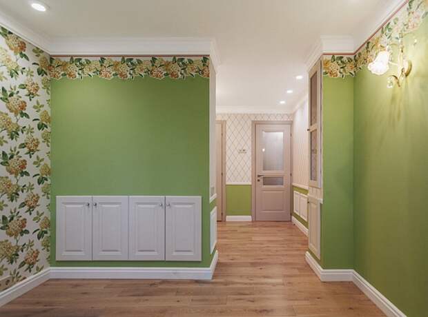 В оформлении спальни преобладает весенние мотивы и цвета яркой зелени.