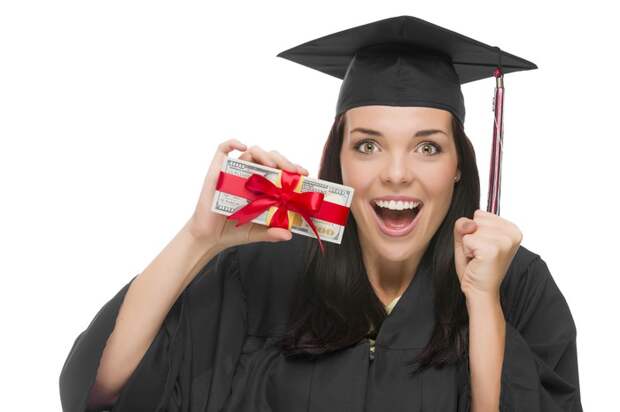 A woman in a black cap and gown holding cash tied up with a red bow