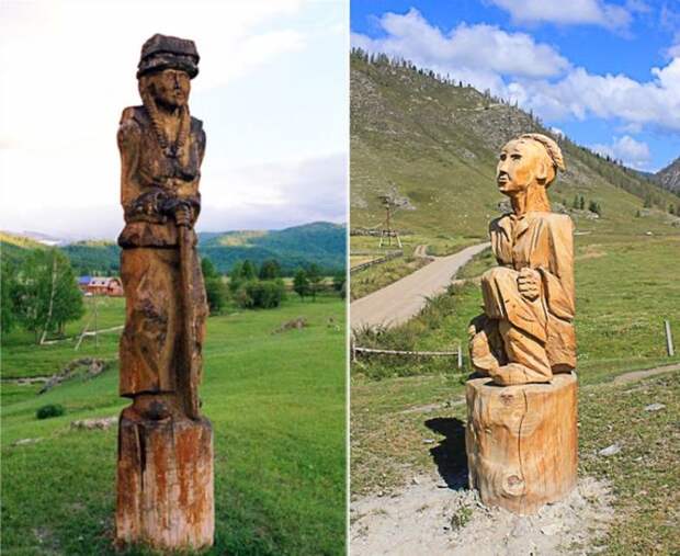 На въезде в село Кулада стоят две деревянные фигуры.