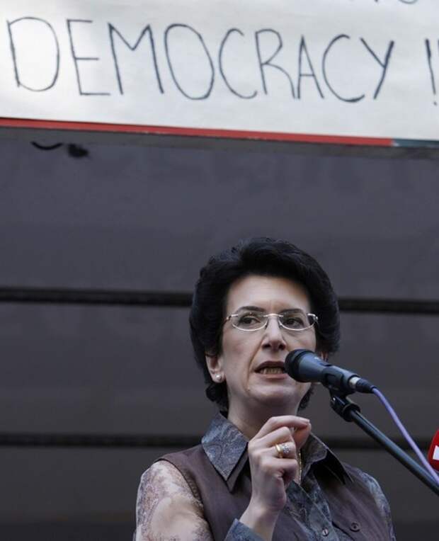 Georgia's opposition leader Burjanadze talks to supporters during an opposition rally in Tbilisi