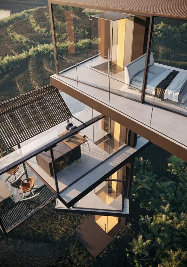 Шахта лифта будет служить украшением и ультрасовременным элементом в конструкции загородной резиденции (концепт House on the Rice Paddy). | Фото: designboom.com.
