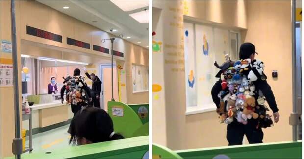 В Китае нашли охранника детской клиники, увешанного плюшевыми игрушками