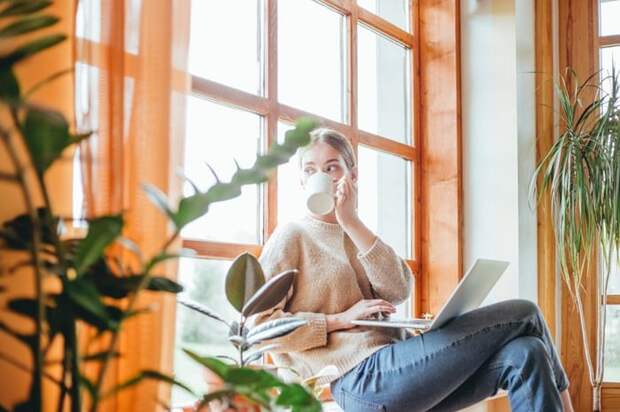 A woman sitting in a sunny window seat at home while drinking coffee and typing on her laptop.
