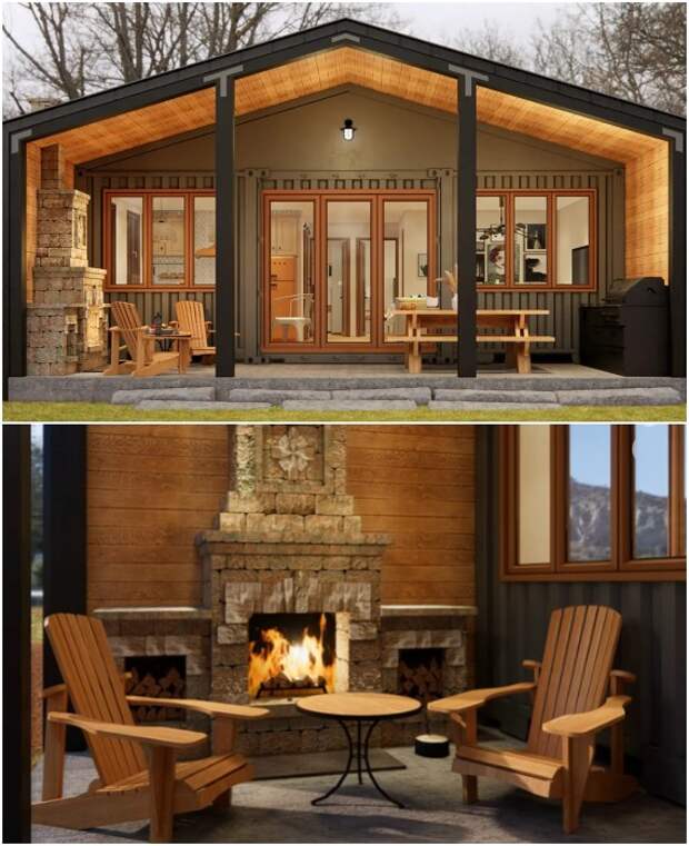 Выступающий козырек позволил обустроить уютную зону отдыха у дровяного камина.