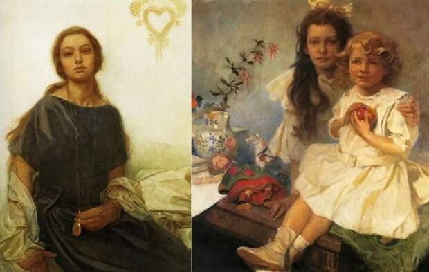 Альфонс Муха. Слева – Дочери художника – Ярослава и Джири, 1919. Справа – Портрет дочери Ярославы, 1930 | Фото: gallerix.ru Альфонс Муха. Слева – Дочери художника – Ярослава и Джири, 1919. Справа – Портрет дочери Ярославы, 1930 | Фото: gallerix.ru