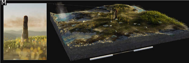 Рис. 5. Художественная реконструкция прототаксита Тейта (Prototaxites taiti) среди раннедевонского ландшафта Райни, Шотландия