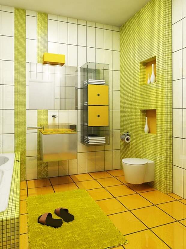 Интересное и приятное решение для ванной комнаты, возможность оформить ее в салатово-желтых цветах.