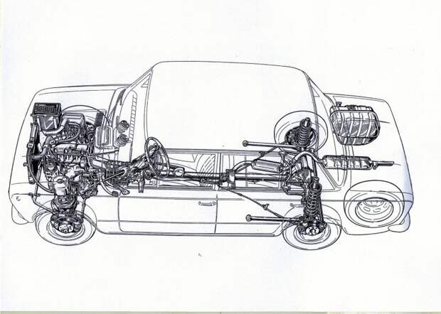 Традиционная заднеприводная схема серийного 124-го. Обратите внимание на тормозные диски по кругу fiat, fiat 124, авто, автоистория, автомобили, ваз, ваз 2101, жигули