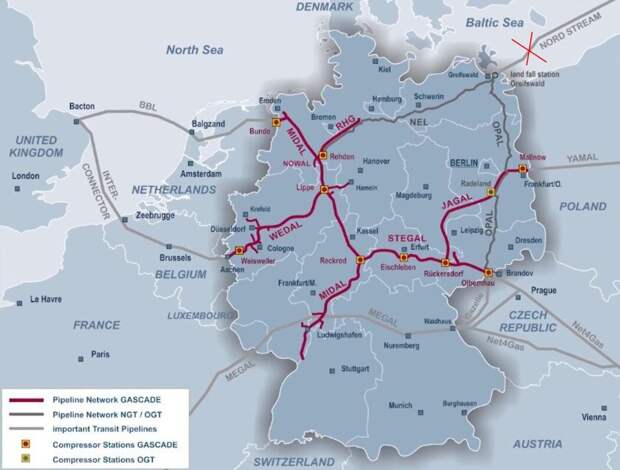 Карта газопроводов Германии созданных при поддержке Газпрома.