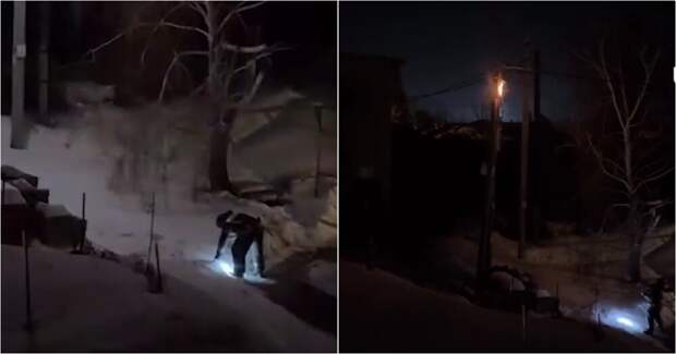 Челябинские пожарные закидали столб снежками в ожидании электрика