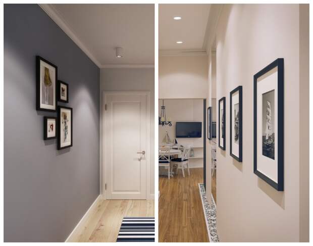 Задействование стен коридора с помощью картин и фотографий в рамках. | Фото: geometrium.com.
