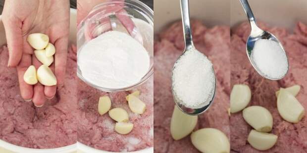 Пошаговый рецепт домашней колбасы: Добавьте чеснок, сухие сливки, соль, сахар