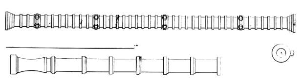 Венецианское ковано-сварное орудие в Венском музее. Ствол очень большого удлинения, калибр канала ствола 14,5 см; съёмная пороховница утрачена ранее и здесь не показана (в музее экспонируется с деревянным муляжом). Морин называет это орудие «василиском»; подобные орудия позволяли несколько увеличить начальную скорость снаряда и входили в состав вооружения парусных кораблей. Для сравнения — ковано-сварная сербатана из работы ди Джорджио Мартини под ядро калибром до 4,8 см. Масштабная линейка 2 метра. Атлас Мариона, лист 1 - Война в Срединном море: Морея и Тунис | Военно-исторический портал Warspot.ru